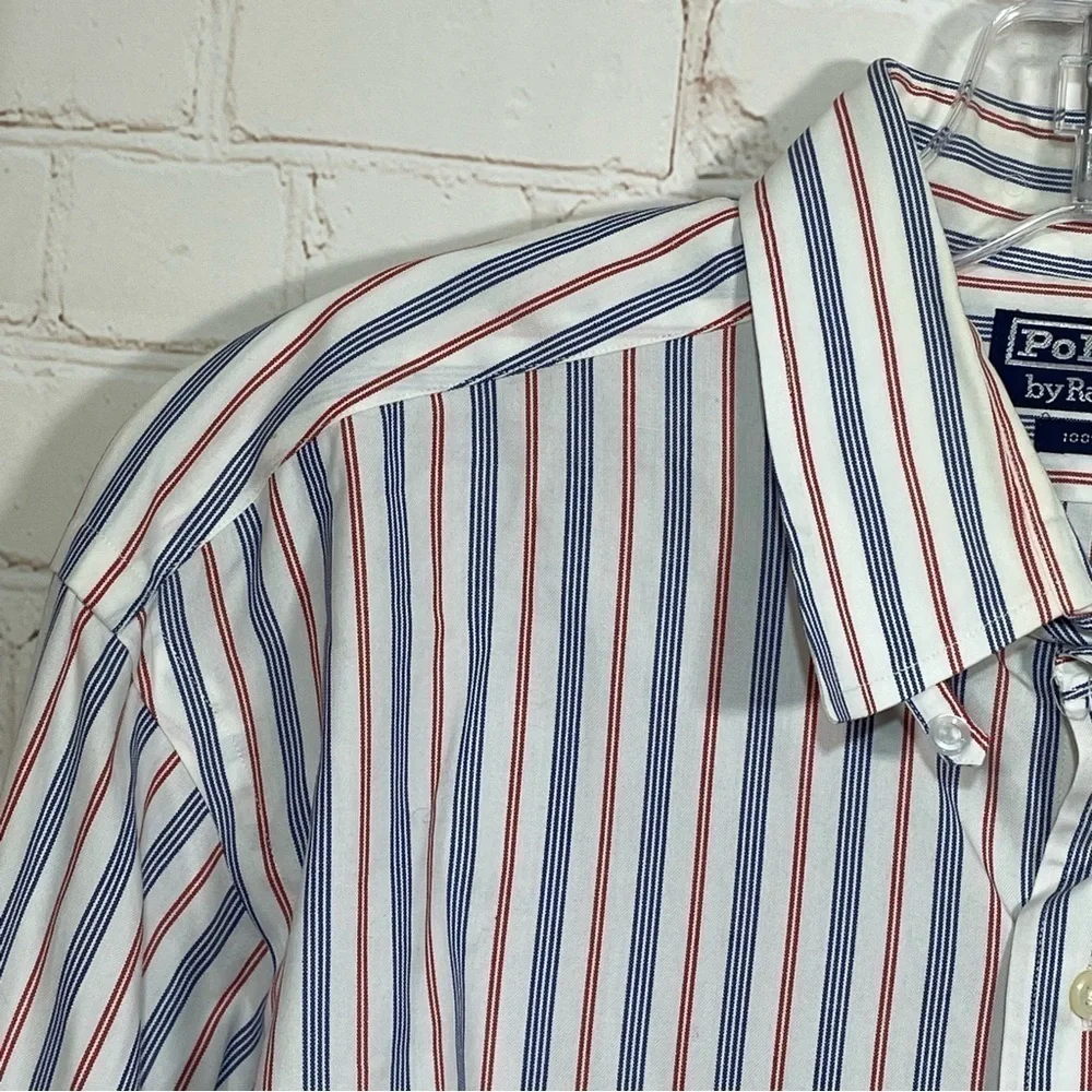 Vintage Polo Ralph Lauren Shirt Mens 17.5-36 Red Blue Striped 100% Cotton Button